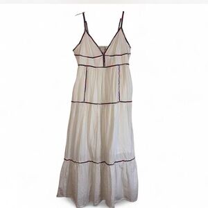 Caroline Constas NY White Tiered Maxi Beaded Trim Boho Resort Dress Size L